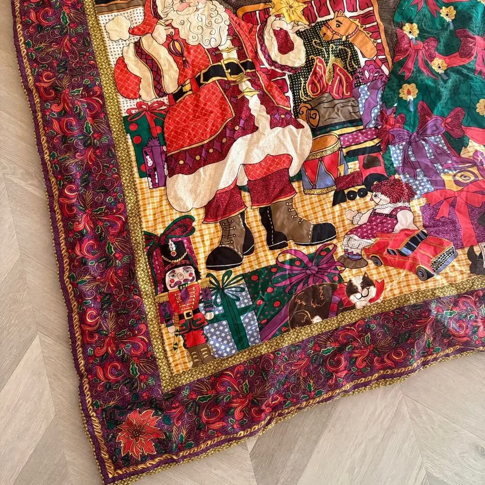 Christmas Quilt Blanket Santa Claus Tree Quilted Wall Hanging Light Grommets